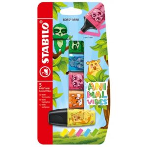 stabilo boss mini animal vibes pack de 5 mini marcadores fluorescentes trazo entre 2 y 5mm tinta con base de agua antisecado colores surtidos