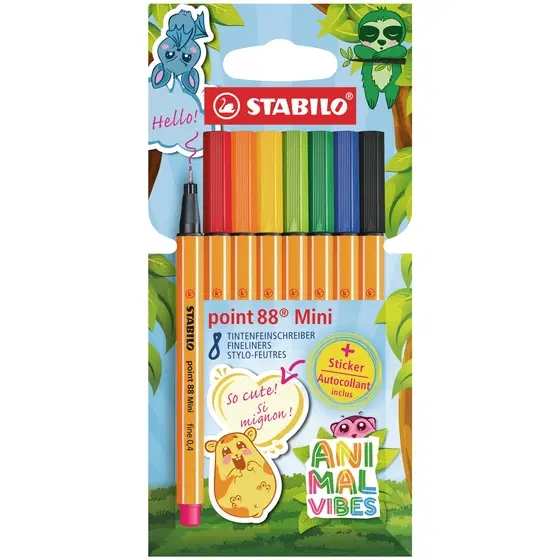stabilo point 88 mini animal vibes pack con 8 rotuladores de punta fina de fibra incluye 5 pegatinas personalizables trazo de 0.4 mm tinta con base de agua colores surtidos