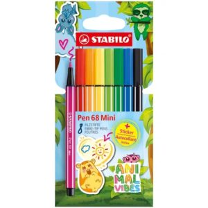 stabilo pen 68 mini animal vibes pack con 8 rotuladores punta de fibra incluye 5 pegatinas personalizables trazo de 1mm aprox. tinta a base de agua capuchon ventilado colores surtidos