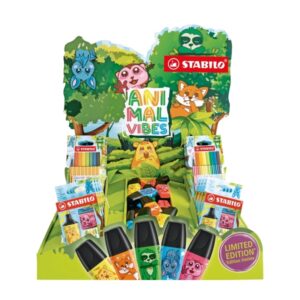 stabilo animal vibes expositor de sobremesa con 30 boss mini piezas sueltas, 8 packs con 3 boss mini, 5 packs con 8 point 88 mini y 5 packs con 8 pen 68 mini