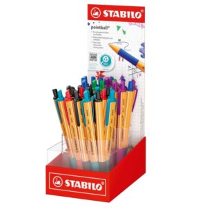 stabilo pointball expositor con 38 boligrafos retractiles punta de 1mm tinta con base de aceite recargable 87% plastico reciclado grip antideslizante colores surtidos