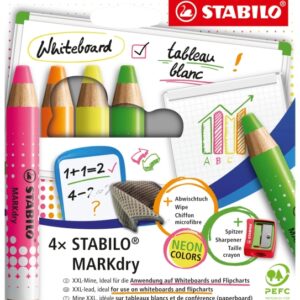 stabilo markdry neon pack de 4 marcadores para pizarra + sacapuntas + paño de limpieza mina xxl de 10mm madera 100% certificada prfc colores neon surtidos