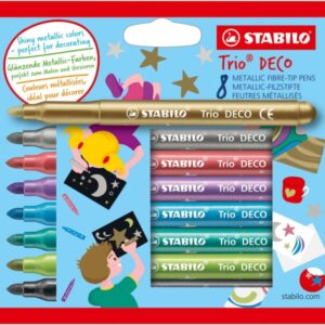 stabilo trio deco pack con 8 rotuladores de punta xl trazo 3mm zona de agarre triangular colores metalicos brillantes surtidos