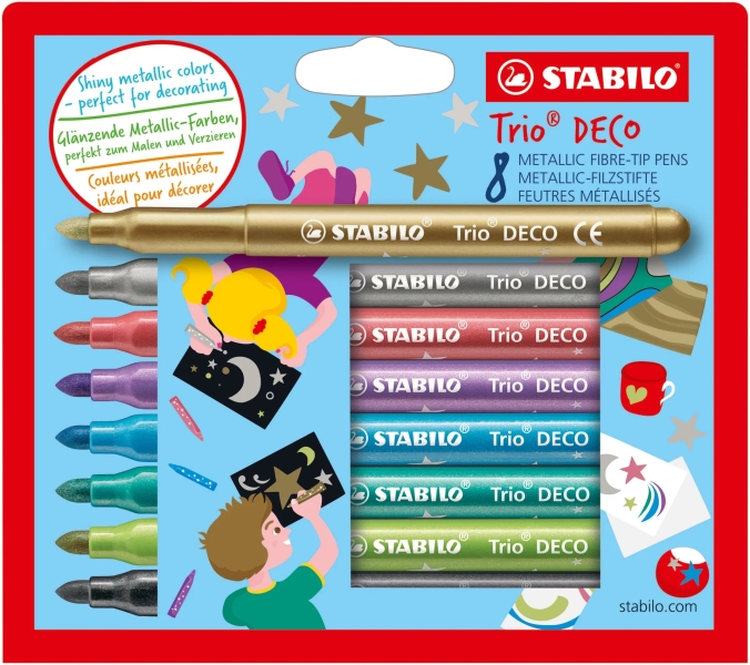 stabilo trio deco pack con 8 rotuladores de punta xl trazo 3mm zona de agarre triangular colores metalicos brillantes surtidos