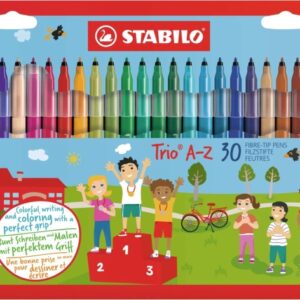 stabilo trio a z pack con 30 rotuladores de punta fina de fibra trazo 0.7mm tinta lavable zona de agarre triangular colores surtidos