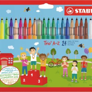 stabilo trio a z pack con 24 rotuladores de punta fina de fibra trazo 0.7mm tinta lavable zona de agarre triangular colores surtidos