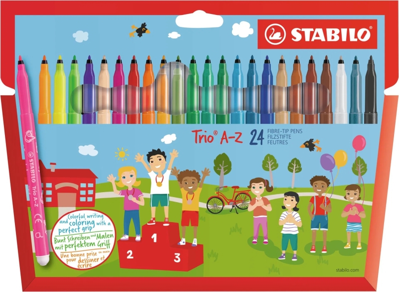 stabilo trio a z pack con 24 rotuladores de punta fina de fibra trazo 0.7mm tinta lavable zona de agarre triangular colores surtidos