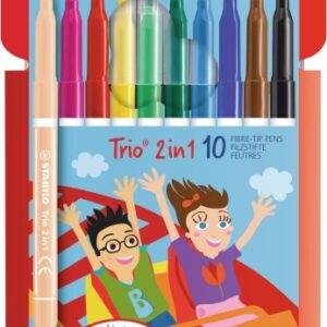 stabilo trio 2 en 1 pack con 10 rotuladores de doble punta punta fina 0,5mm y punta ancha 2mm tinta lavable zona de agarre triangular colores surtidos