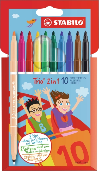 stabilo trio 2 en 1 pack con 10 rotuladores de doble punta punta fina 0,5mm y punta ancha 2mm tinta lavable zona de agarre triangular colores surtidos