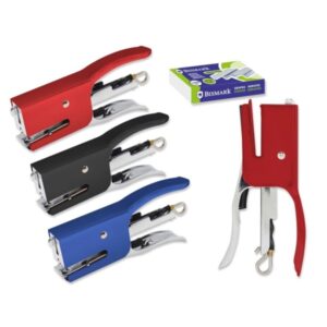 bismark grapadora mini tenaza + 2000 grapas capacidad de grapado 15 hojas diseño ergonomico alta durabilidad colores surtidos