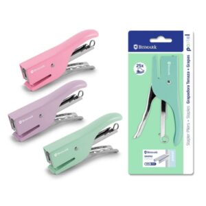 bismark grapadora de tenaza + 1000 grapas 24/6 capacidad de grapado 25 hojas diseño ergonomico alta durabilidad colores pastel surtidos