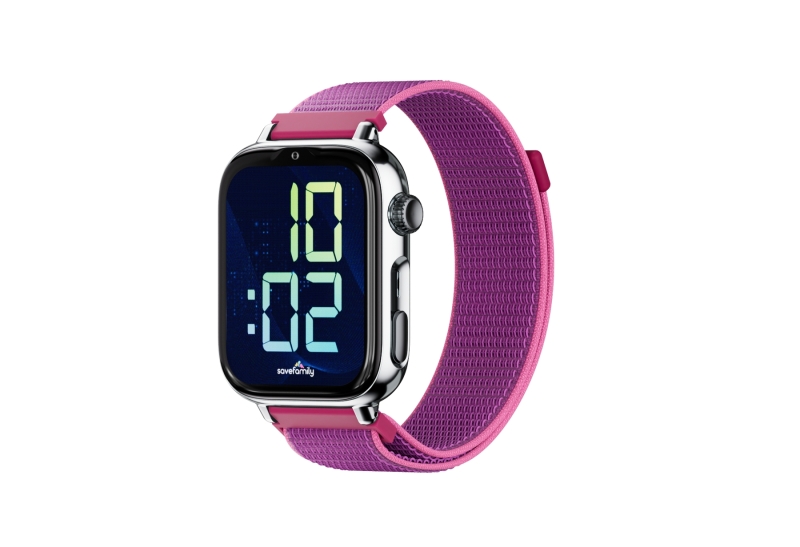 savefamily reloj inteligente smartwatch infantil savewatch plus 2 pantalla amoled carcasa plateada correa tela frambuesa