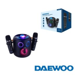 daewoo dw3008 altavoz karaoke portatil bluetooth 5.4 de 15w 2 microfonos inalambricos luces led radio fm usb/sd/aux bateria 1800mah carga usb‑c asa de transporte y soporte para movil color negro