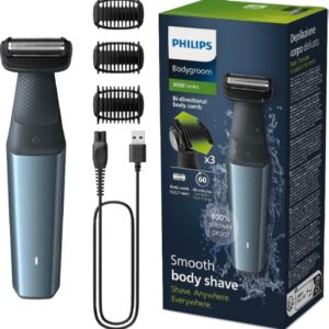 philips bodygroom series 3000 afeitadora corporal impermeable tecnologia skinprotect con seguimiento de contornos 2d 3 peines recorte bidireccional 60min de uso inalambrico uso en seco y en ducha color negro y azul