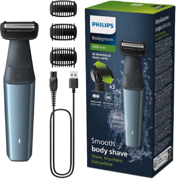 philips bodygroom series 3000 afeitadora corporal impermeable tecnologia skinprotect con seguimiento de contornos 2d 3 peines recorte bidireccional 60min de uso inalambrico uso en seco y en ducha color negro y azul