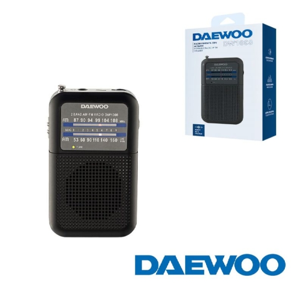 daewoo dw1008 radio portatil am/fm antena telescopica y sintonizacion analogica precisa altavoz integrado salida auriculares jack 3.5mm diseño compacto y ligero para uso diario color negro