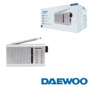 daewoo dw1037 radio portatil am/fm analogica antena telescopica altavoz integrado incluye auriculares salida jack 3.5mm funcionamiento a pilas (2xaa) rueda de sintonizacion precisa color azul plateado