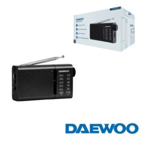 daewoo dw1119 radio portatil am/fm analogica altavoz integrado auriculares incluidos antena telescopica salida jack 3.5mm funcionamiento a pilas (2xaa) diseño compacto y ligero color negro y azul