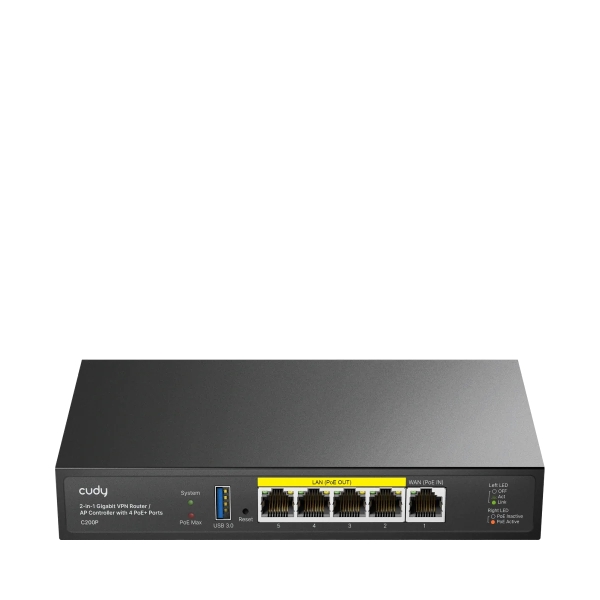 cudy router vpn ethernet 1gbps 4 salidas gbe poe 60w administra hasta 200 puntos de acceso usb 3.0 indicadores led metal 190x100x28mm color negro