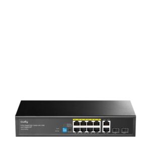 cudy switch 12 puertos capacidad conmutacion 24gbps 8x rj45 poe+ 2x rj45 gbe 2x gigabit sfp reinicio automatico indicadores led 256x170x44mm color negro