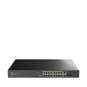 cudy switch 20 puertos capacidad conmutacion 40gbps 16x rj45 poe+ 2x rj45 gbe 2x gigabit sfp reinicio automatico indicadores led 440x180x44mm color negro