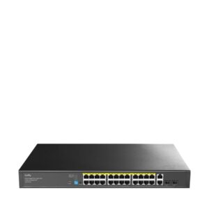 cudy switch 28 puertos capacidad conmutacion 56gbps 24x rj45 poe+ 2x rj45 gbe 2x gigabit sfp reinicio automatico indicadores led 440x180x44mm color negro