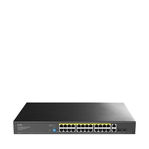 cudy switch 28 puertos capacidad conmutacion 56gbps 24x rj45 poe+ 2x rj45 gbe 2x gigabit sfp reinicio automatico indicadores led 440x180x44mm color negro