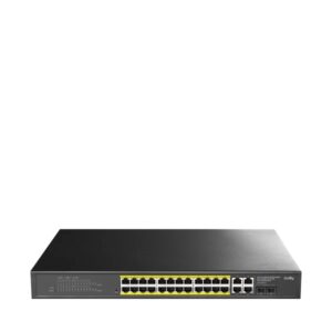 cudy switch 28 puertos capacidad conmutacion 56gbps 24x rj45 poe+ 2x rj45 gbe 2x gigabit sfp reinicio automatico vigilancia igmp prevencion de bucles 440x220x44mm color negro