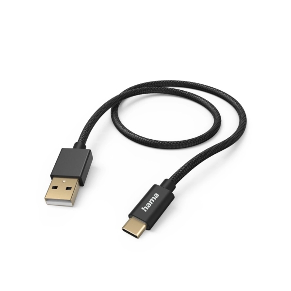 hama fabric cable usb longitud 1.5m usb a macho usb c macho nailon velocidad hasta 480mbps chapado en oro color negro