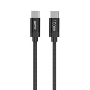 hama fabric cable usb c macho potencia maxima 100w longitud 1.5m nailon velocidad hasta 480mbps blindaje doble color negro