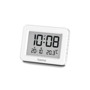 hama kos radio reloj despertador pantalla digital termometro funcion de repeticion de alarma zona horaria ajustable 7x1.3x5.5cm color blanco