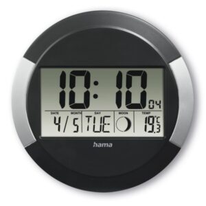 hama ischia reloj de pared digital termometro visualizacion de fases lunares zona horaria ajustable radio 24.5x1.5cm color negro y plata