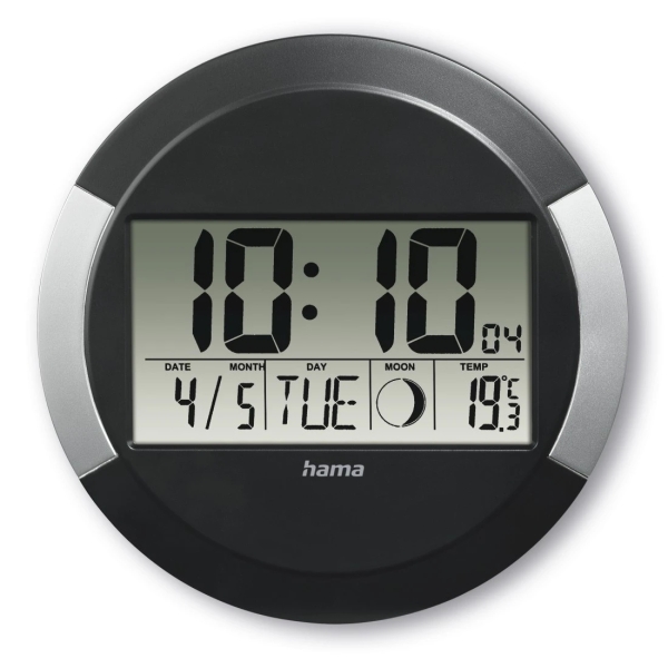 hama ischia reloj de pared digital termometro visualizacion de fases lunares zona horaria ajustable radio 24.5x1.5cm color negro y plata
