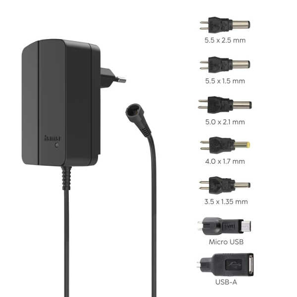 hama fuente de alimentacion multidispositivo potencia 27w voltaje 12v indicador led 7 adaptadores intensidad maxima 2.25a voltaje ajustable color negro