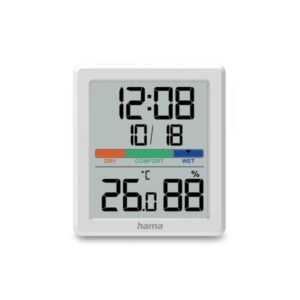 hama paros medidor de temperatura y humedad para interior pantalla digital reloj precision 1ºc indicador de confort permite colgar en pared 8.5x1.8x9.5cm color blanco