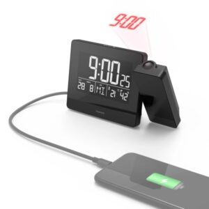 hama plus charge reloj despertador digital con proyector termometro higrometro funcion de carga usb a radio 15x4.5x9.5cm color negro