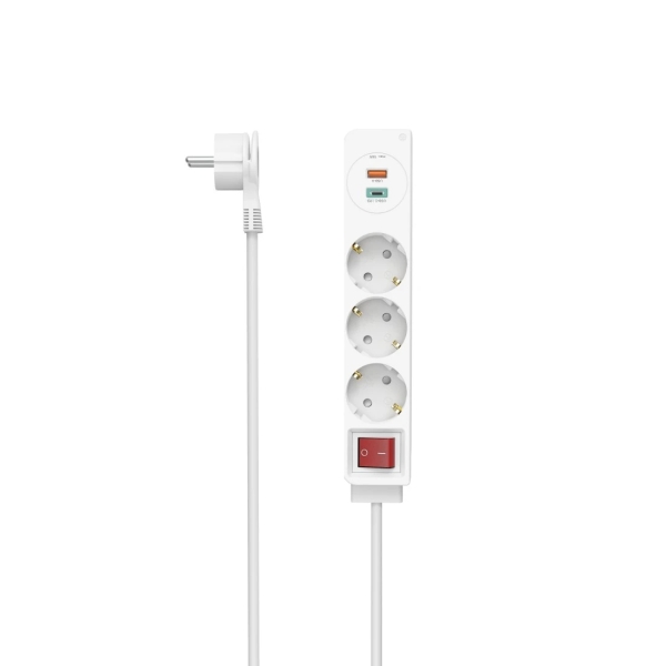 hama regleta alimentacion con 5 tomas potencia maxima 3680w cable 1.4m 3x schuko 1x usb c 1x usb a interruptor de encendido enchufe schuko en angulo 4.2x4x23.7cm color blanco