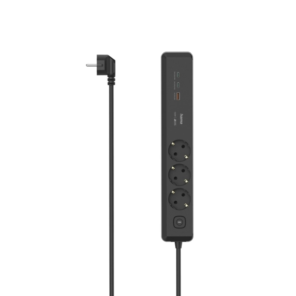 hama regleta alimentacion con 6 tomas cable 1.4m 3x schuko 2x usb c 1x usb a interruptor de encendido enchufe schuko en angulo power delivery 4.4x6x33cm color negro y gris