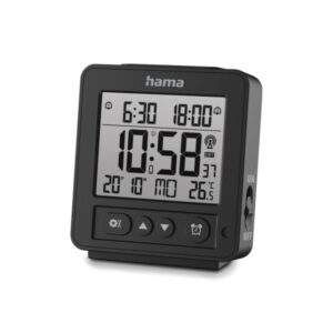 hama rhodes radio reloj despertador pantalla digital termometro funcion de repeticion de alarma 2 alarmas configurables zona horaria ajustable 9x2.5x10cm color negro