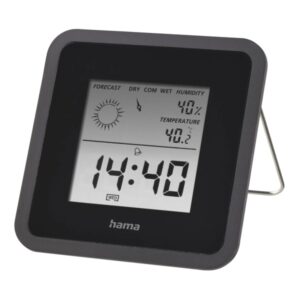 hama medidor de temperatura y humedad para interior pantalla digital reloj funcion de alarma prevision meteorologica memoria de datos indicador de confort 8x1.2x8cm color negro