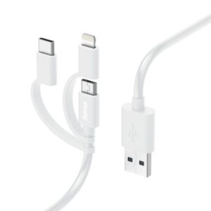 hama cable de carga usb 3 en 1 terminales intercambiables longitud 1m usb a usb c micro usb lightning velocidad hasta 480mbps niquelado color blanco