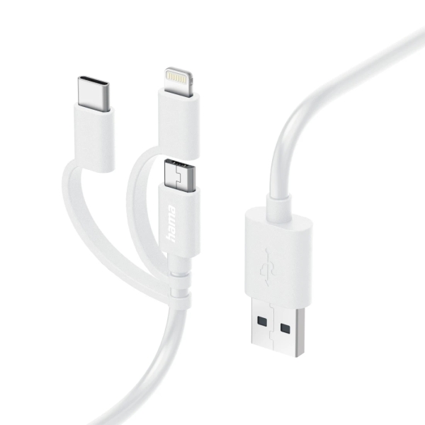 hama cable de carga usb 3 en 1 terminales intercambiables longitud 1m usb a usb c micro usb lightning velocidad hasta 480mbps niquelado color blanco
