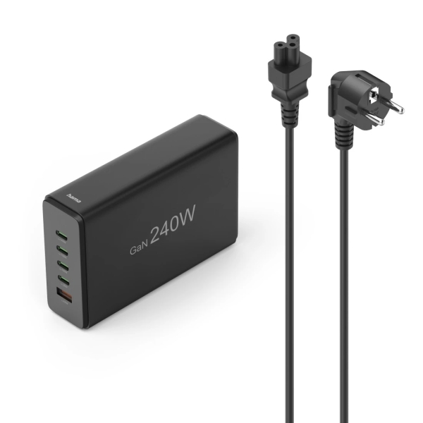 hama estacion de carga usb cable 1.5m 4x usb c usb a power delivery qualcomm gan 7.9x12x3.5cm color negro
