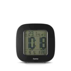 hama rc 45 radio reloj despertador pantalla digital termometro funcion de repeticion de alarma zona horaria ajustable 7.8x4x7.8cm color negro