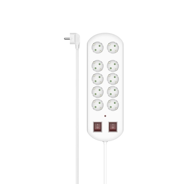 hama regleta alimentacion con 10 tomas potencia maxima 3680w cable 2m interruptor de encendido enchufe schuko en angulo 11.3x3.8x35.7cm color blanco