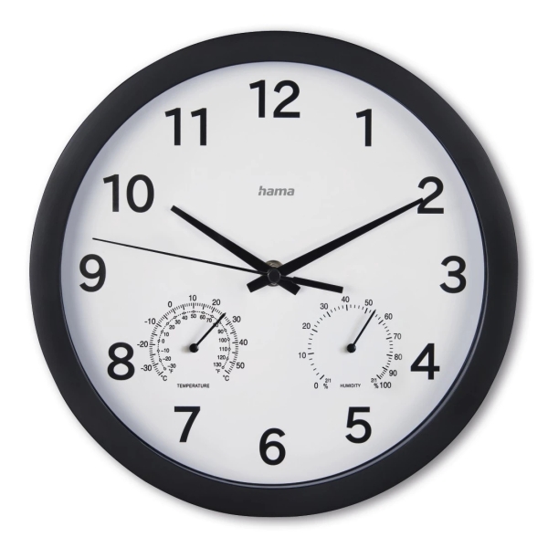 hama malta reloj de pared analogico termometro higrometro silencioso funciona con 1 pila aa 25x4cm color negro