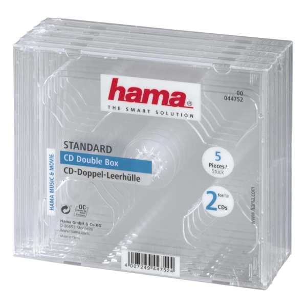hama pack de 5 cajas dobles vacias para cd/dvd poliestireno 14x12.4x1.04cm color transparente