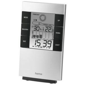 hama medidor de temperatura y humedad para interior pantalla digital reloj alarma prevision meteorologica memoria de datos permite colgar en pared 8x1.8x13.4cm color negro y plata