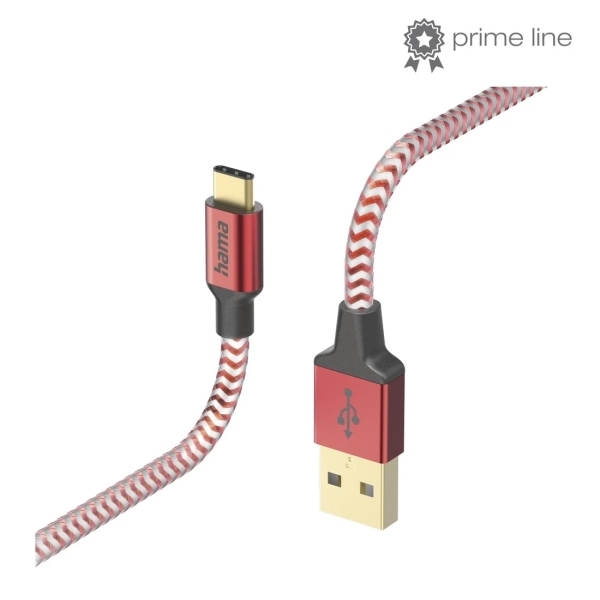hama reflective cable usb longitud 1.5m usb a macho usb c macho nailon velocidad hasta 480mbps chapado en oro color rojo