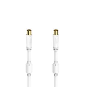 hama essential cable coaxial de antena macho/hembra longitud 1.5m terminales chapados en oro triple blindaje apantallamiento 100db impedancia 75ohm color blanco